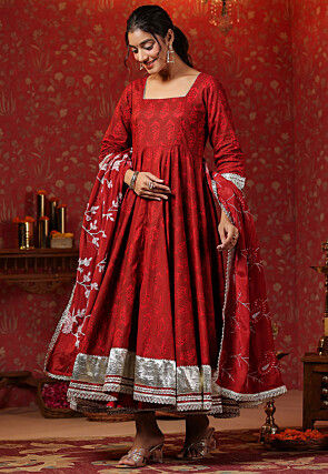 Block Printed Pure Cotton Aline Suit in Red