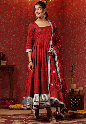Block Printed Pure Cotton Aline Suit in Red