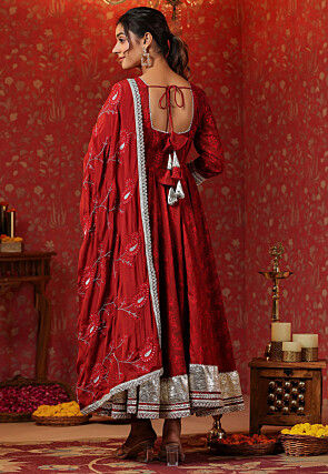 Block Printed Pure Cotton Aline Suit in Red