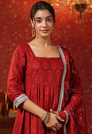 Block Printed Pure Cotton Aline Suit in Red