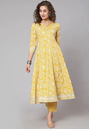Block Printed Pure Cotton Anarkali Kurta Set in Yellow