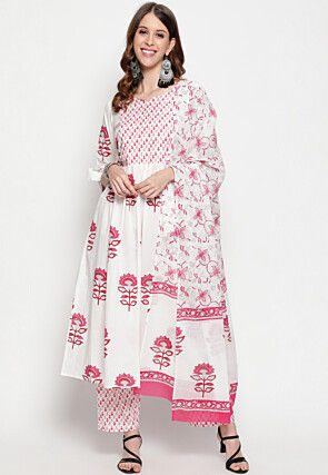 Block Printed Pure Cotton Anarkali Suit in White
