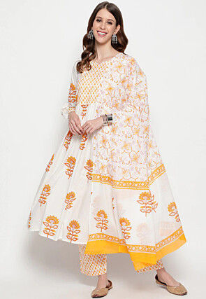 Block Printed Pure Cotton Anarkali Suit in White