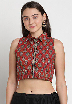 Block Printed Pure Cotton Blouse in Maroon