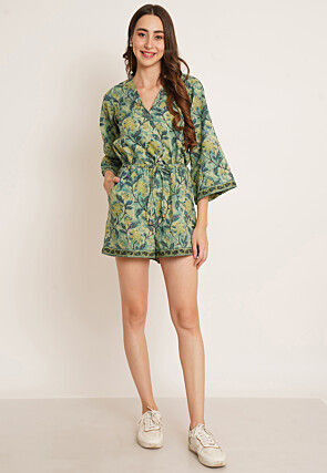 Block Printed Pure Cotton Clinched Waist Play Suit in Green