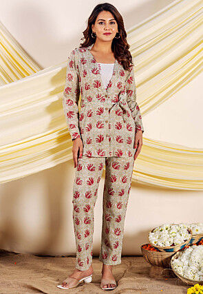 Block Printed Pure Cotton Co Ord Set in Dusty Green