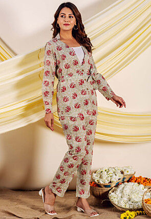 Block Printed Pure Cotton Co Ord Set in Dusty Green