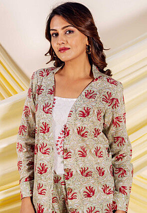 Block Printed Pure Cotton Co Ord Set in Dusty Green