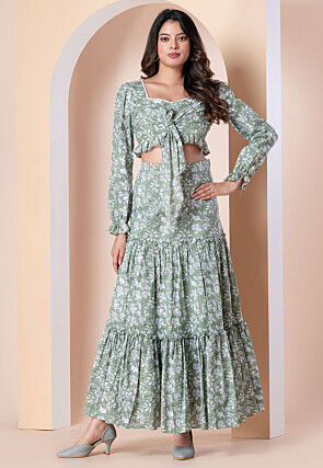 Block Printed Pure Cotton Crop Top Set in Dusty Green