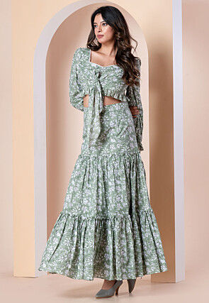 Block Printed Pure Cotton Crop Top Set in Dusty Green