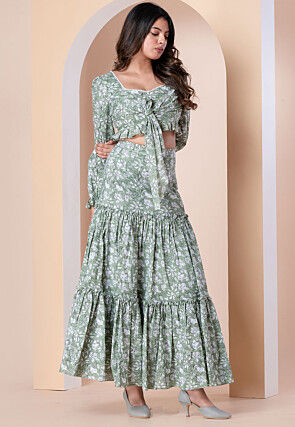 Block Printed Pure Cotton Crop Top Set in Dusty Green