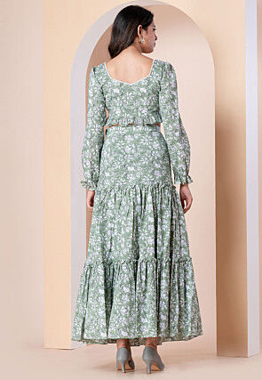 Block Printed Pure Cotton Crop Top Set in Dusty Green