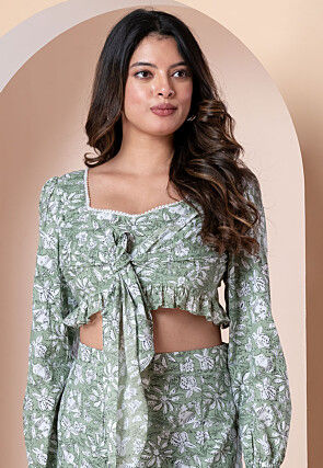 Block Printed Pure Cotton Crop Top Set in Dusty Green