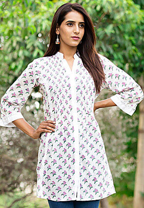 Block Printed Pure Cotton High Low Tunic in White