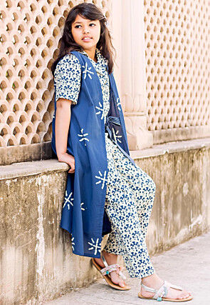 Block Printed Pure Cotton Jumpsuit in Blue and White