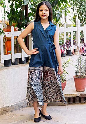 Block Printed Pure Cotton Jumpsuit in Navy Blue