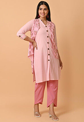 Block Printed Pure Cotton Kurta Jacket Set in Light Pink