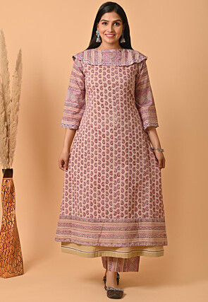 Block Printed Pure Cotton Kurta Set in Pink and Beige