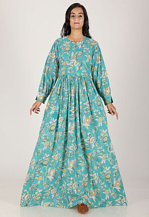Block Printed Pure Cotton Maxi Dress in Light Teal Blue