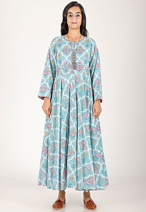Block Printed Pure Cotton Maxi Dress in Sky Blue