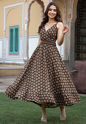 Block Printed Pure Cotton Midi Dress in Dark Brown