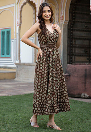 Block Printed Pure Cotton Midi Dress in Dark Brown