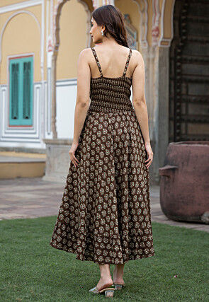 Block Printed Pure Cotton Midi Dress in Dark Brown