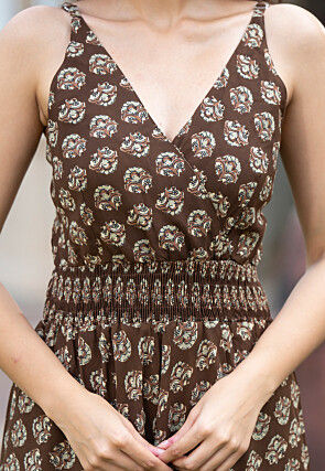 Block Printed Pure Cotton Midi Dress in Dark Brown