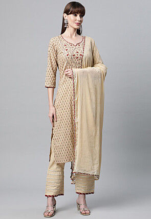 Block Printed Pure Cotton Pakistani Suit in Beige