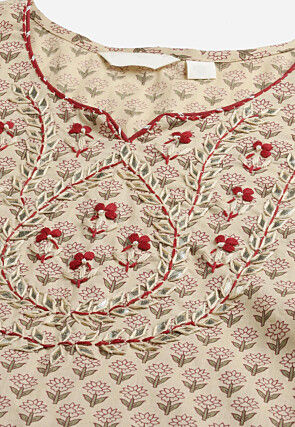 Block Printed Pure Cotton Pakistani Suit in Beige