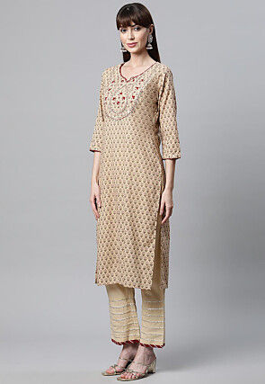 Block Printed Pure Cotton Pakistani Suit in Beige