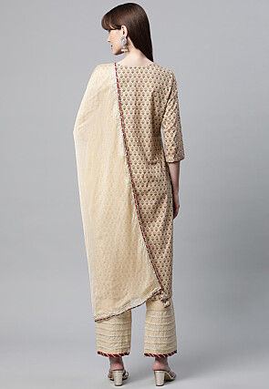 Block Printed Pure Cotton Pakistani Suit in Beige