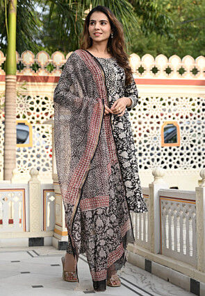 Block Printed Pure Cotton Pakistani Suit in Black