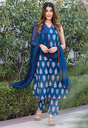 Block Printed Pure Cotton Pakistani Suit in Dark Blue