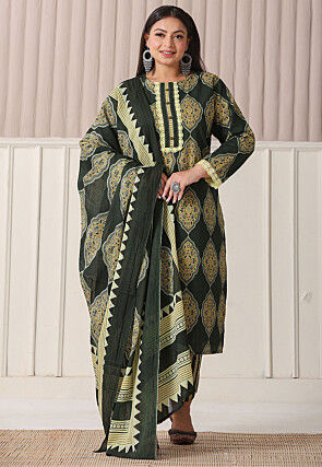Block Printed Pure Cotton Pakistani Suit in Dark Olive Green