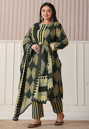 Block Printed Pure Cotton Pakistani Suit in Dark Olive Green