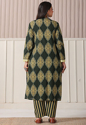 Block Printed Pure Cotton Pakistani Suit in Dark Olive Green