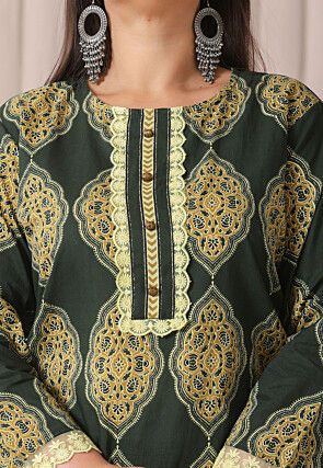 Block Printed Pure Cotton Pakistani Suit in Dark Olive Green