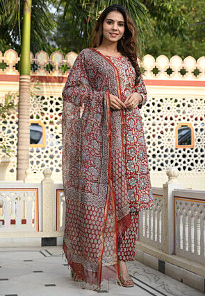Block Printed Pure Cotton Pakistani Suit in Maroon