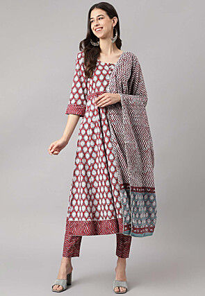 Block Printed Pure Cotton Pakistani Suit in Maroon