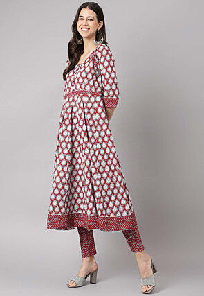 Block Printed Pure Cotton Pakistani Suit in Maroon
