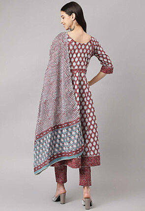 Block Printed Pure Cotton Pakistani Suit in Maroon