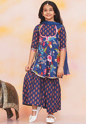 Block Printed Pure Cotton Pakistani Suit in Navy Blue