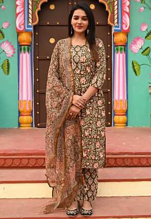 Block Printed Pure Cotton Pakistani Suit in Olive Green
