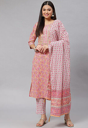 Block Printed Pure Cotton Pakistani Suit in Peach