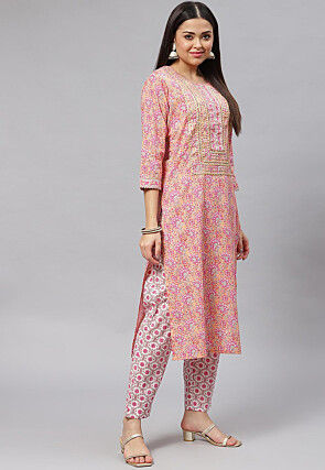 Block Printed Pure Cotton Pakistani Suit in Peach