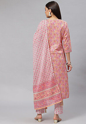Block Printed Pure Cotton Pakistani Suit in Peach