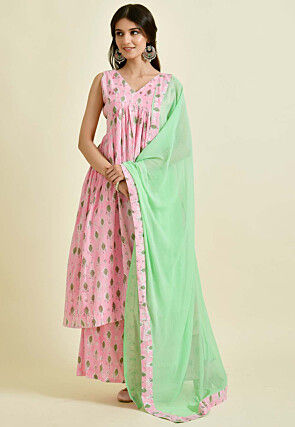 Block Printed Pure Cotton Pakistani Suit in Pink