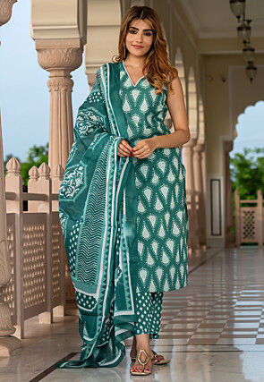 Block Printed Pure Cotton Pakistani Suit in Teal Green