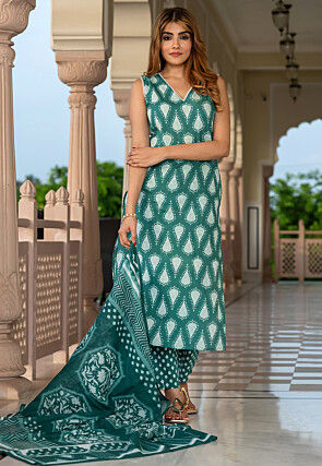 Block Printed Pure Cotton Pakistani Suit in Teal Green